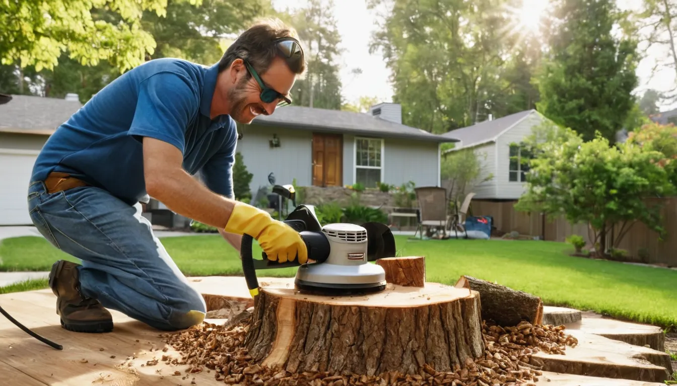 Provider grinding a tree stump in a Woodbury backyard while a homeowner watches from the patio